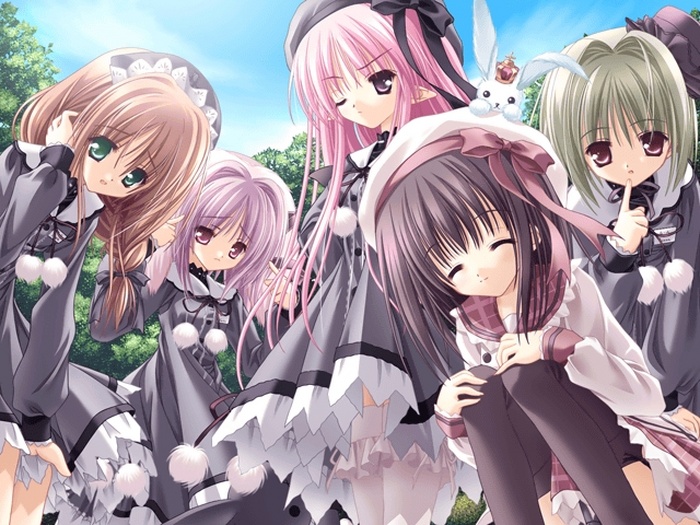 5girls adjusting_hair animal_ears beret black_hair black_thighhighs braid brown_hair closed_eyes crown dress farfa finger_to_mouth game_cg green_eyes green_hair hat light_purple_hair long_hair magical_tale multiple_girls one_eye_closed pink_hair purple_eyes purple_hair rabbit rabbit_ears ren_(magical_tale) sasha_(magical_tale) school_uniform serafuku short_hair shuna shuna_(magical_tale) smile squatting teana thighhighs tinker_bell_(pixiv_10956015) white_thighhighs wink