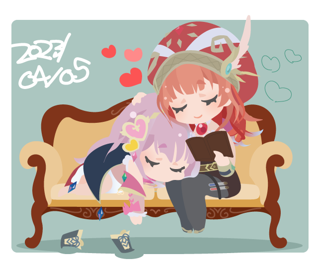 01_(zeroichi_srl) 2girls ^_^ atelier_(series) atelier_lulua black_pantyhose blunt_bangs book border chibi chibi_only closed_eyes closed_mouth commentary_request couch dated elmerulia_frixell full_body grey_hair hair_ornament hand_on_another&#039;s_head hat heart heart_hair_ornament holding holding_book long_hair long_sleeves lying multiple_girls no_lineart on_couch open_book pantyhose purple_hair reading red_hair red_hat rorolina_frixell shoes sitting sleeping sleeping_on_person smile test_tube unworn_shoes white_border