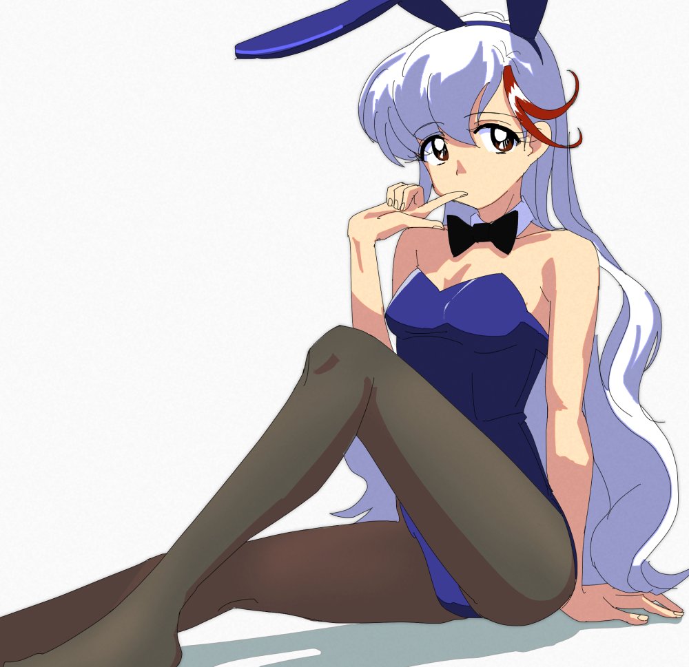 1girl aikawa_akane animal_ears black_bow black_bowtie black_pantyhose blue_leotard bow bowtie breasts brown_eyes detached_collar finger_to_mouth grey_hair leotard long_hair mahou_tsukai_tai! multicolored_hair pantyhose playboy_bunny rabbit_ears red_hair simple_background small_breasts solo strap_slip streaked_hair white_background yontomapochi