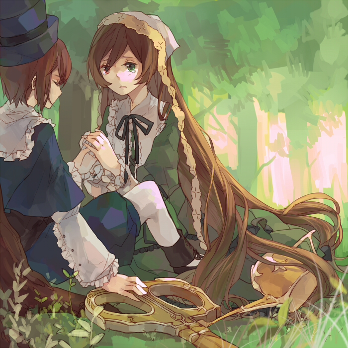 00s 2girls brown_hair dress closed_eyes frills green_eyes holding_hands hat heterochromia long_hair multiple_girls pantyhose red_eyes rozen_maiden scissors short_hair shrie siblings sisters souseiseki suiseiseki tears tree twins