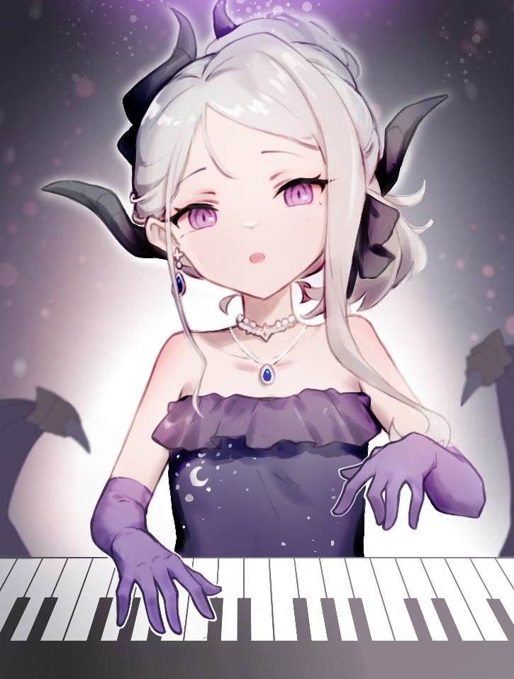 1girl black_horns blue_archive blush demon_horns dress earrings elbow_gloves gloves halo hina_(blue_archive) hina_(dress)_(blue_archive) horns instrument jewelry long_hair looking_at_viewer multiple_horns music necklace official_alternate_costume official_alternate_hairstyle piano piano_keys playing_instrument playing_piano purple_dress purple_eyes purple_gloves solo strapless strapless_dress undreaming white_hair wings