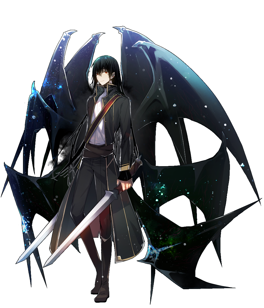 1boy bat_wings black_hair black_wings boots brown_footwear closed_mouth coat copyright_request dual_wielding full_body grey_coat grey_pants holding holding_sword holding_weapon long_hair long_sleeves looking_at_viewer male_focus multiple_wings pants red_eyes seucapeu shirt smile solo standing sword transparent_background weapon white_shirt wings