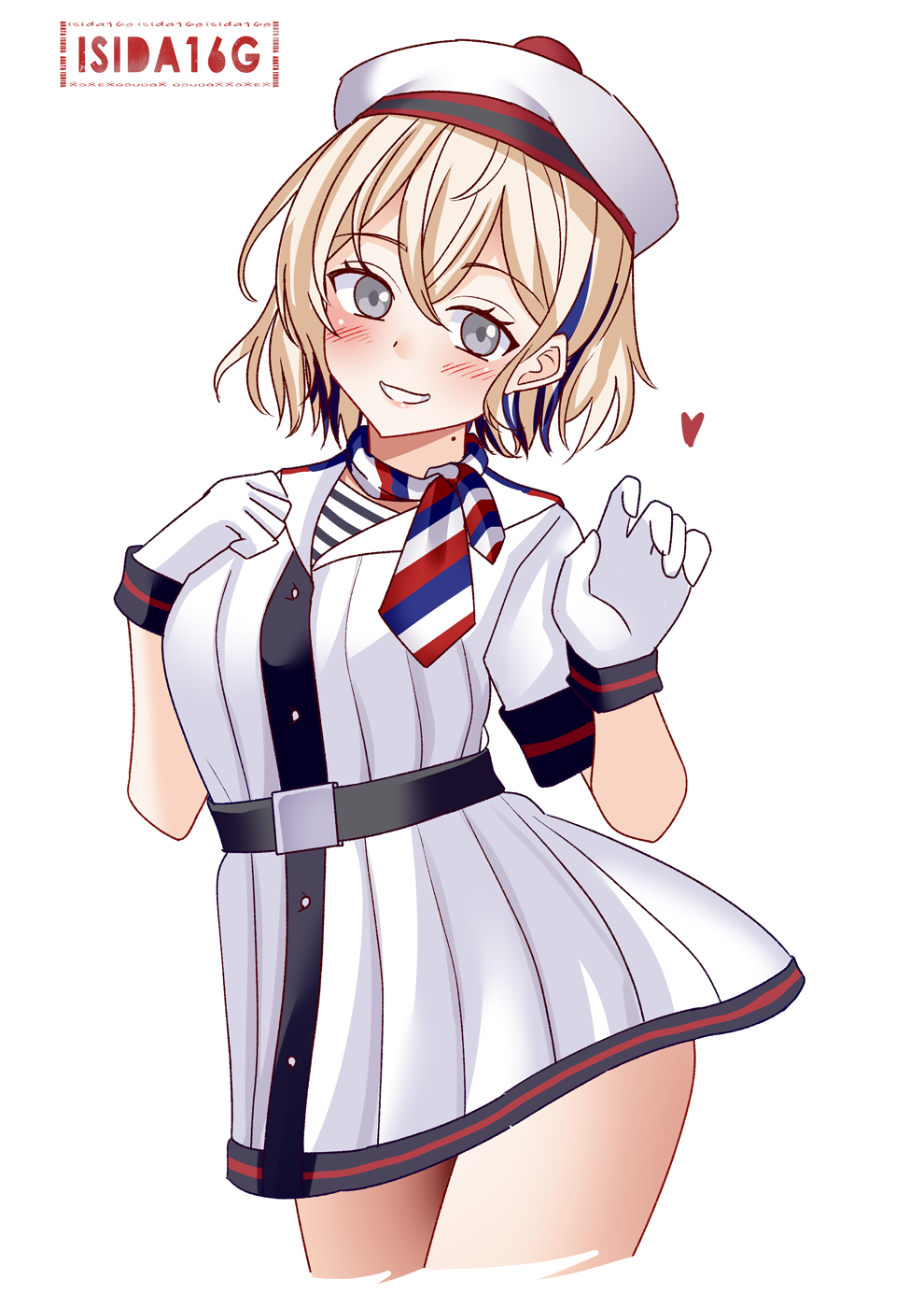 1girl artist_logo beret blonde_hair blush colored_inner_hair dress gloire_(kancolle) gloves grey_eyes hat heart highres ishida_arata kantai_collection logo mole mole_on_neck multicolored_clothes multicolored_hair multicolored_scarf open_mouth sailor_collar sailor_dress scarf shirt short_dress short_hair smile solo striped_clothes striped_shirt twitter_username undershirt white_background white_dress white_gloves white_hat white_sailor_collar