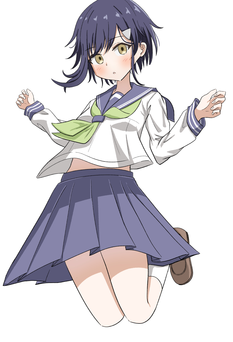 1girl asymmetrical_hair blue_hair blue_sailor_collar blue_skirt blush breasts brown_footwear commentary full_body green_neckerchief hair_ornament hairclip highres isgod jumping long_sleeves looking_at_viewer neckerchief sailor_collar school_uniform serafuku shikanoko_nokonoko_koshitantan shirt shoes short_hair simple_background skirt small_breasts socks solo tsubameya_chiharu white_background white_shirt white_socks yellow_eyes