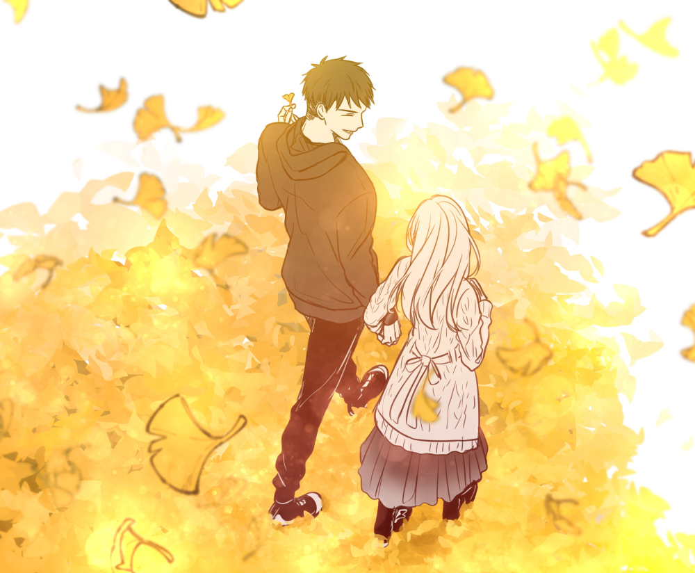 autumn autumn_leaves commentary_request falling_leaves fujihashi_ryou full_body ginkgo_leaf hetero holding_hands jacket leaf long_hair mizuno_souma monochrome outdoors short_hair skirt tarou_(you-0512) walking yellow_theme yubisaki_kara_no_honki_no_netsujou