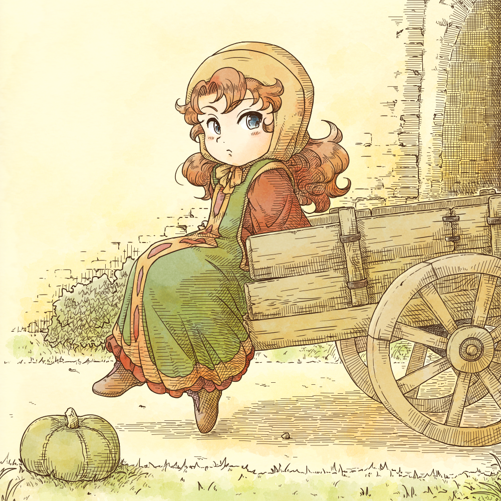 1girl 4ma4ma5ma blue_eyes bonnet brown_footwear closed_mouth commentary_request curly_hair dragon_quest dragon_quest_vii dress grass hatching_(texture) long_hair looking_to_the_side maribel_(dq7) orange_hair parted_bangs pumpkin sitting solo wagon yellow_bonnet