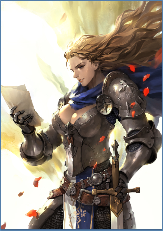 1girl armor blonde_hair breasts brown_hair buckle cleavage female_focus gauntlets hand_on_hilt hyuga hyuga_(harubiya) large_breasts letter long_hair original paper petals reading scarf smile solo sword weapon wind