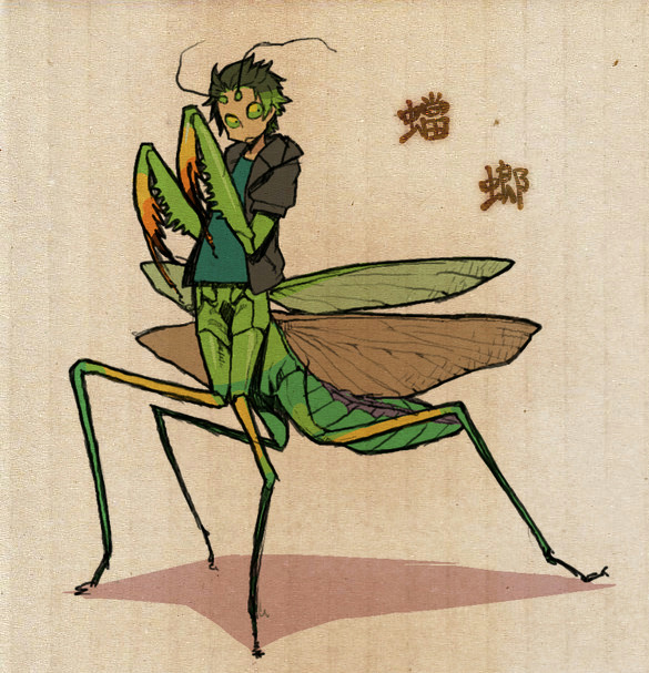 1boy animal_hands antennae arthropod_boy arthropod_limbs black_eyes brown_background colored_sclera commentary_request full_body green_hair green_sclera honnomusi323 insect_wings jacket looking_at_viewer male_focus mantis_boy monster_boy original shirt short-sleeved_jacket short_hair short_sleeves solo standing taur translation_request wings