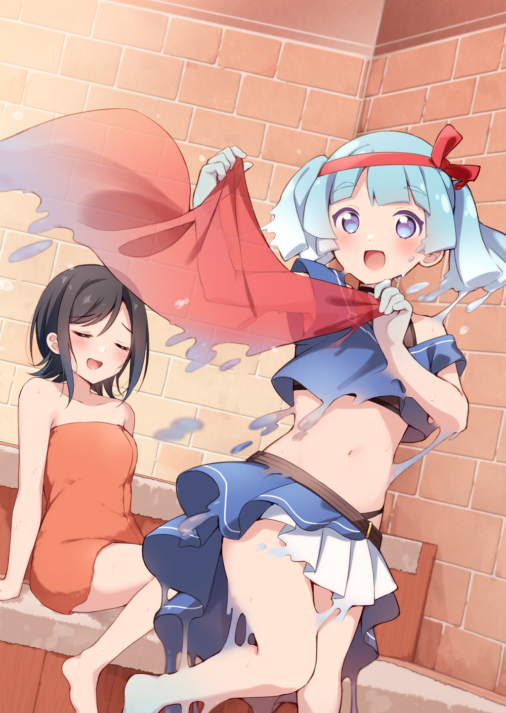 2girls black_hair blue_eyes blue_hair blush closed_eyes hazuki_(sutasuta) highres indoors looking_at_viewer medium_hair monster_girl multiple_girls naked_towel navel open_mouth original sauna sitting skirt slime_girl smile standing standing_on_one_leg towel