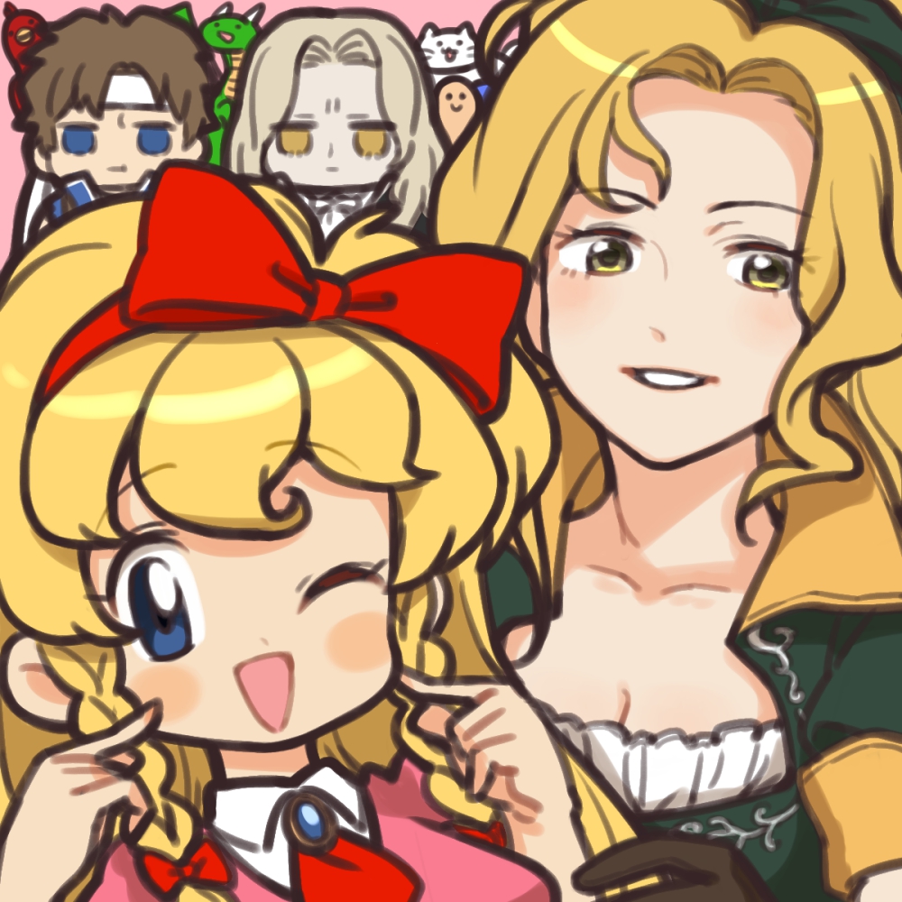 2boys 2girls :d age_difference alucard_(castlevania) blonde_hair blue_eyes bow bow_hairband breasts brown_hair castlevania:_rondo_of_blood castlevania:_symphony_of_the_night castlevania_(series) chibi cleavage dual_persona grin hair_bow hairband headband looking_at_viewer maria_renard multiple_boys multiple_girls okunin one_eye_closed open_mouth red_hairband richter_belmont smile time_paradox triangle_mouth white_headband yellow_eyes