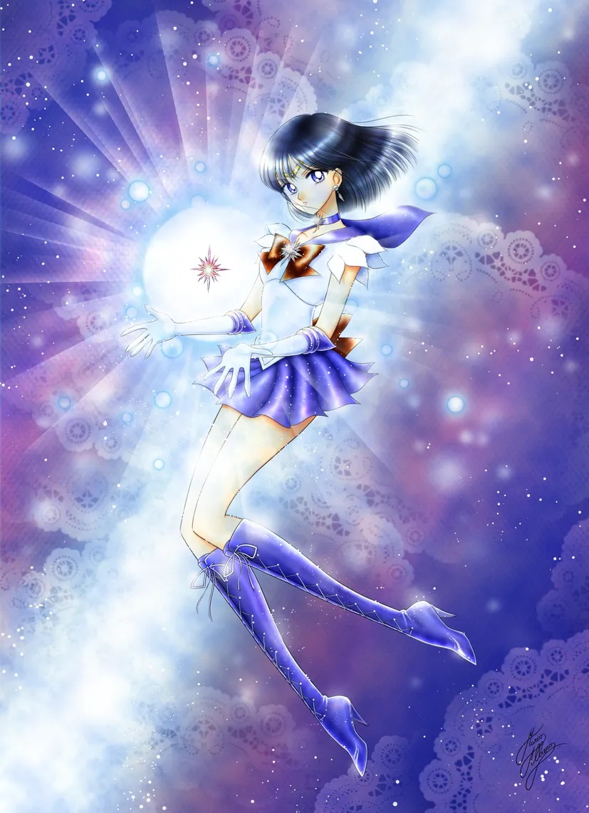 1girl back_bow bishoujo_senshi_sailor_moon bishoujo_senshi_sailor_moon_s black_hair boots bow brooch brown_bow choker circlet cross-laced_footwear earrings elbow_gloves expressionless gloves jewelry knee_boots lace-up_boots lace_background looking_at_viewer magical_girl marco_albiero official_style pleated_skirt pure_heart_crystal purple_background purple_choker purple_eyes purple_footwear purple_sailor_collar purple_skirt purple_theme sailor_collar sailor_saturn sailor_senshi_uniform short_hair signature skirt solo star_(symbol) star_brooch star_choker takeuchi_naoko_(style) tomoe_hotaru white_gloves