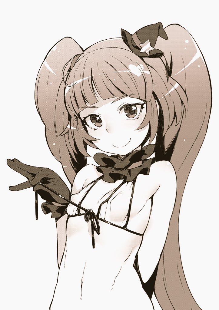 1girl ahoge bad_id bad_twitter_id bikini blunt_bangs brown_theme closed_mouth covered_erect_nipples flat_chest gloves izayoi_liko long_hair looking_at_viewer mahou_girls_precure! monochrome navel petite precure pulling_own_clothes simple_background smile solo stomach strap_pull swimsuit tasaka_shinnosuke twintails upper_body white_background