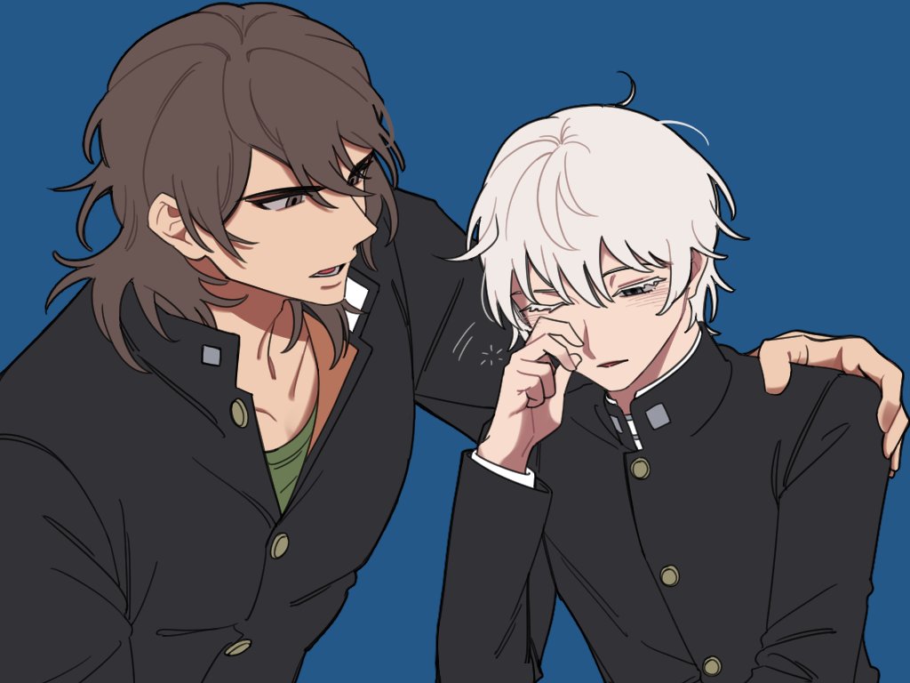 2boys arm_around_shoulder arm_up asymmetrical_sleeves black_jacket blue_background brown_eyes brown_hair buttons collared_jacket colored_eyelashes commentary_request elulit2 gakuran green_shirt grey_eyes hair_behind_ear hair_between_eyes hijiyama_takatoshi jacket juusan_kihei_bouei_ken looking_at_another looking_down lower_teeth_only male_focus medium_hair multiple_boys okino_tsukasa one_eye_closed open_collar open_mouth rubbing_eyes school_uniform shirt short_hair simple_background squeans t-shirt teeth tongue uneven_sleeves upper_body white_hair