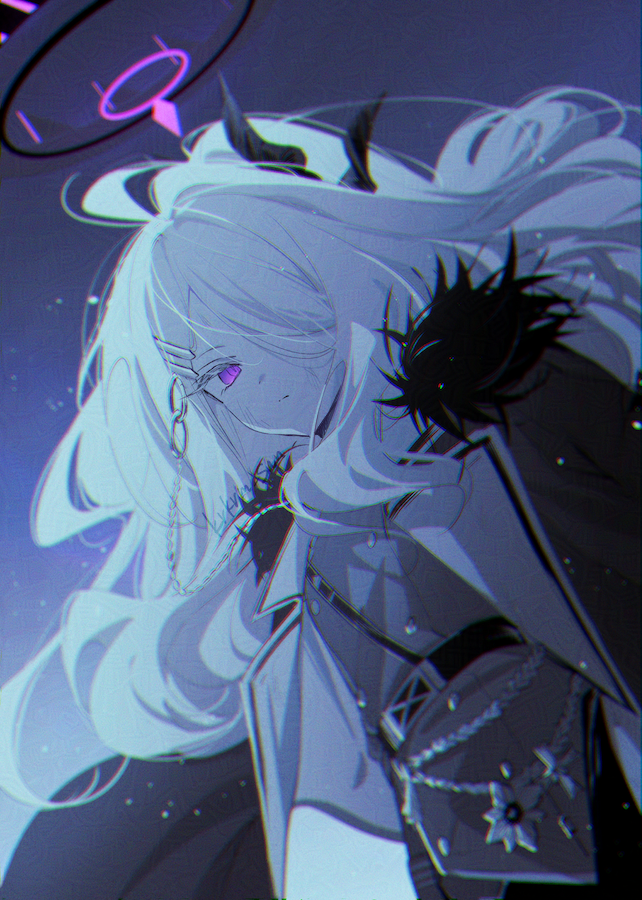 belt black_belt black_coat blue_archive coat coat_on_shoulders demon_horns fur_trim hina_(blue_archive) horns long_hair looking_at_viewer looking_down one_eye_closed ouri_(aya_pine) purple_eyes uniform white_hair