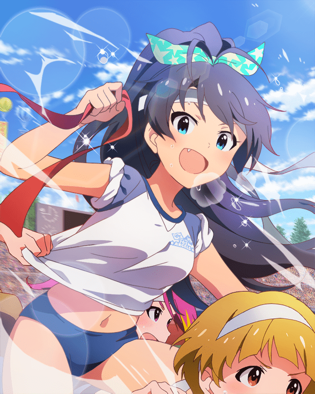 black_hair blue_eyes brown_eyes brown_hair buruma card_(medium) cloud crowd fang fukuda_noriko ganaha_hibiki hairband headband idolmaster idolmaster_million_live! idolmaster_million_live!_theater_days maihama_ayumu navel official_art open_mouth ponytail underwear