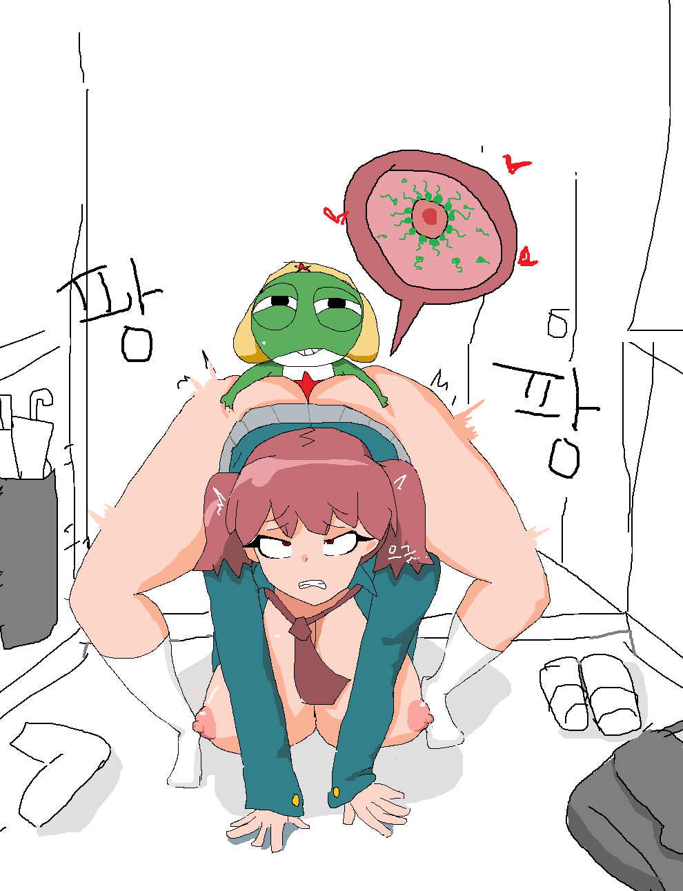 1boy 1girl all_fours breasts breasts_out clothed_sex clothes cum cum_in_pussy hinata_natsumi huge_breasts impregnation keroro keroro_gunsou medium_hair monster_boy nipples ovum pink_hair school_uniform sex sex_from_behind size_difference twintails vaginal