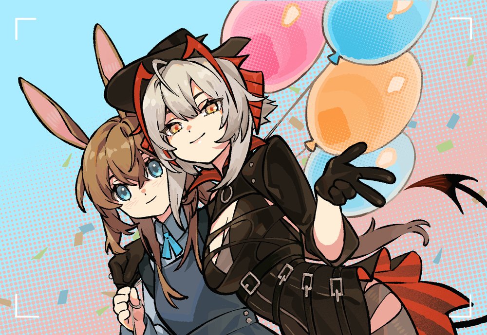 2girls amiya_(arknights) animal_ears antenna_hair arknights arm_around_shoulder balloon belt black_belt black_dress black_gloves black_jacket black_tail blue_background blue_eyes breasts brown_hair chinese_commentary cleavage collared_shirt commentary_request confetti cowboy_hat crossed_bangs demon_horns demon_tail donkey_ears donkey_girl dot_nose double-parted_bangs dress dutch_angle favilia gloves grey_hair grey_shirt hair_between_eyes hat holding holding_balloon horns jacket long_sleeves looking_at_viewer medium_breasts multicolored_hair multiple_girls neck_ribbon orange_eyes pink_background pleated_dress polka_dot polka_dot_background red_hair ribbon shirt smile streaked_hair tail two-tone_background viewfinder w w_(arknights) w_(wanted)_(arknights)