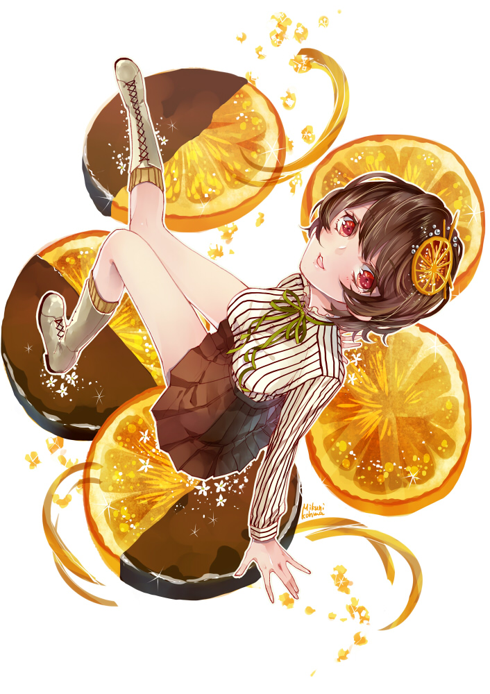 1girl boots brown_hair chocolate female_focus food food-themed_hair_ornament from_above fruit hair_ornament knee_boots mikuni_(mikunik) open_mouth orange_(fruit) orange_slice orangette original pleated_skirt red_eyes short_hair skirt solo