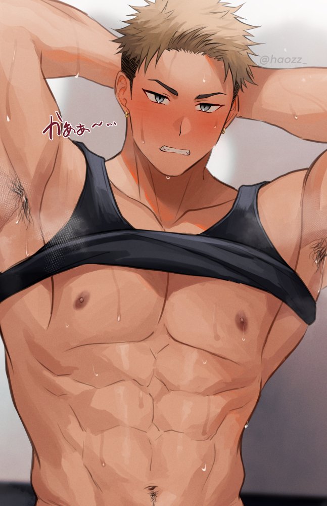 1boy abs armpit_hair armpits arms_behind_head asymmetrical_hair bara black_shirt blue_eyes blurry blush brown_hair clenched_teeth clothes_lift depth_of_field earrings fangs hao_(haozz) jewelry looking_at_viewer male_focus muscular muscular_male nipples original pectorals pubic_hair pubic_hair_peek shirt shirt_lift sidecut sweat tan tank_top teeth translation_request twitter_username undercut