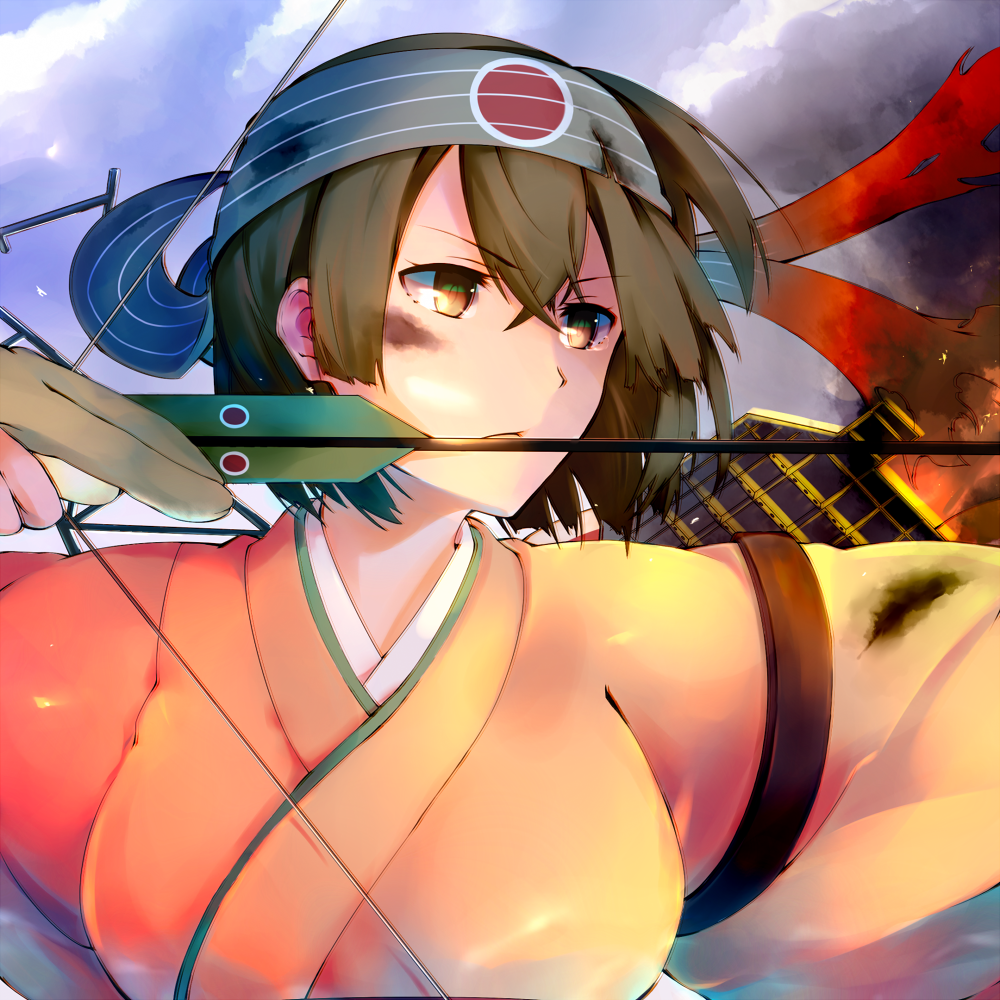 10s 1girl archery arrow_(projectile) bow_(weapon) breasts brown_eyes brown_hair drawing_bow female_focus gloves hairband headband hiryuu_(kancolle) hiryuu_kai_ni_(kancolle) holding holding_bow_(weapon) holding_weapon iberiko japanese_clothes kantai_collection kyuudou large_breasts muneate partially_fingerless_gloves partly_fingerless_gloves serious short_hair solo weapon yugake