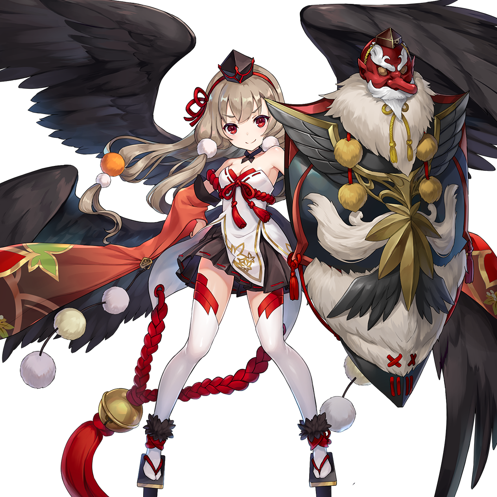 1girl bird_wings detached_sleeves feathered_wings geta hairband hat holding holding_shield kurama_tengu_(ragnador) mask mini_hat miniskirt official_art pleated_skirt pom_pom_(clothes) ragnador red_eyes red_hairband ribbon-trimmed_skirt ribbon_trim shield simple_background skirt tengu tengu_mask thighhighs third-party_source transparent_background wide_sleeves wings