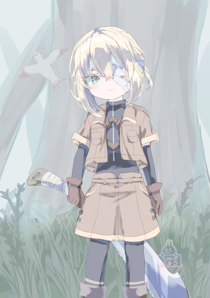 1boy androgynous bandage_over_one_eye bandages black_track_suit blonde_hair blood bloody_bandages brown_footwear brown_gloves brown_jacket brown_shorts closed_mouth colored_eyelashes creature gloves grass green_eyes hair_between_eyes holding holding_sword holding_weapon jacket looking_at_viewer made_in_abyss male_focus medium_hair open_clothes open_jacket outdoors short-sleeved_jacket short_sleeves shorts sidelocks signature sword tiare_(made_in_abyss) tree umizaburou weapon zipper