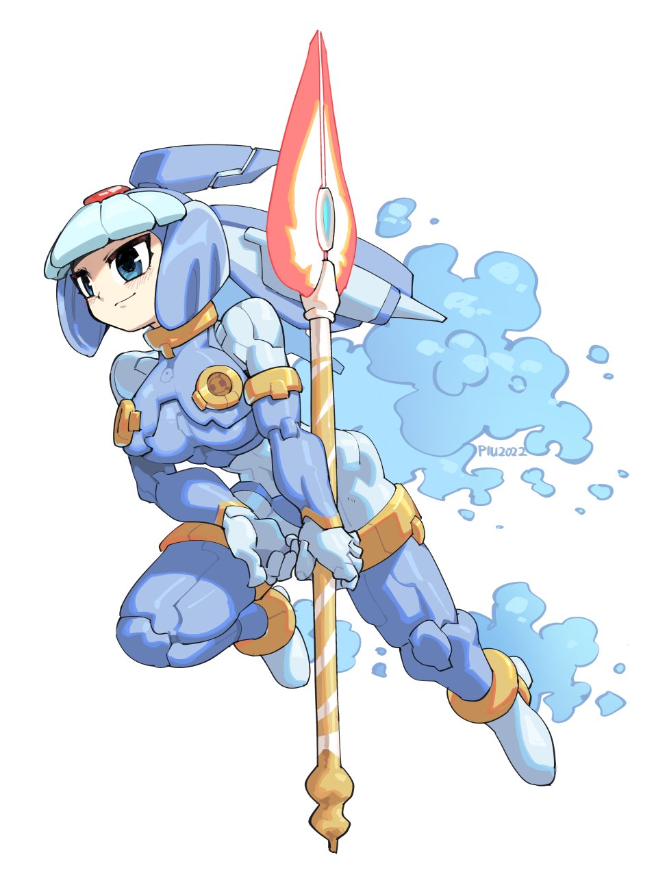 1girl andorlier android armor artist_name blue_armor blue_eyes blue_footwear blue_helmet blush boots breasts commentary_request crop_top fairy_leviathan_(mega_man) helmet highres holding holding_polearm holding_weapon large_breasts mega_man_(series) mega_man_zero_(series) polearm simple_background smile solo spear thigh_boots weapon white_background