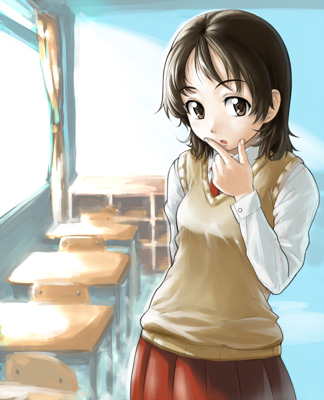 :o brown_eyes brown_hair classroom desk indoors original pirano school school_desk school_uniform serafuku solo sweater_vest