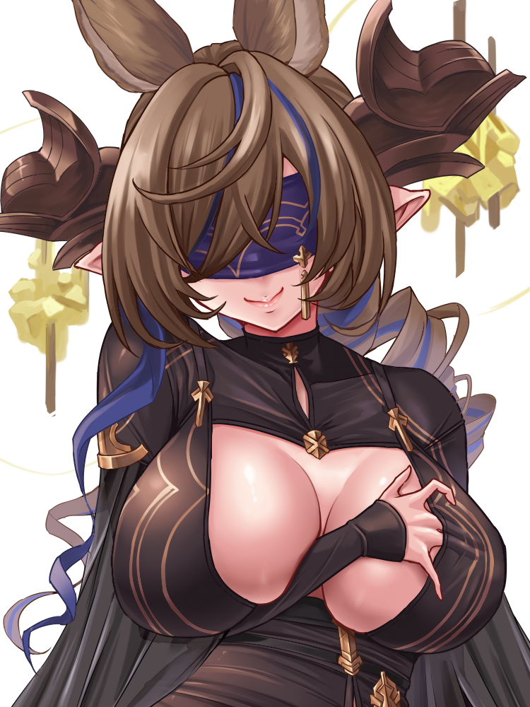 1girl animal_ears blindfold blue_hair breasts brown_hair covered_eyes extra_ears galleon_(granblue_fantasy) galleon_(life&#039;s_compassionate_observer)_(granblue_fantasy) granblue_fantasy hair_between_eyes horns large_breasts lips long_hair multicolored_hair pointy_ears skindentation smile solo streaked_hair suzuki_sakura upper_body very_long_hair