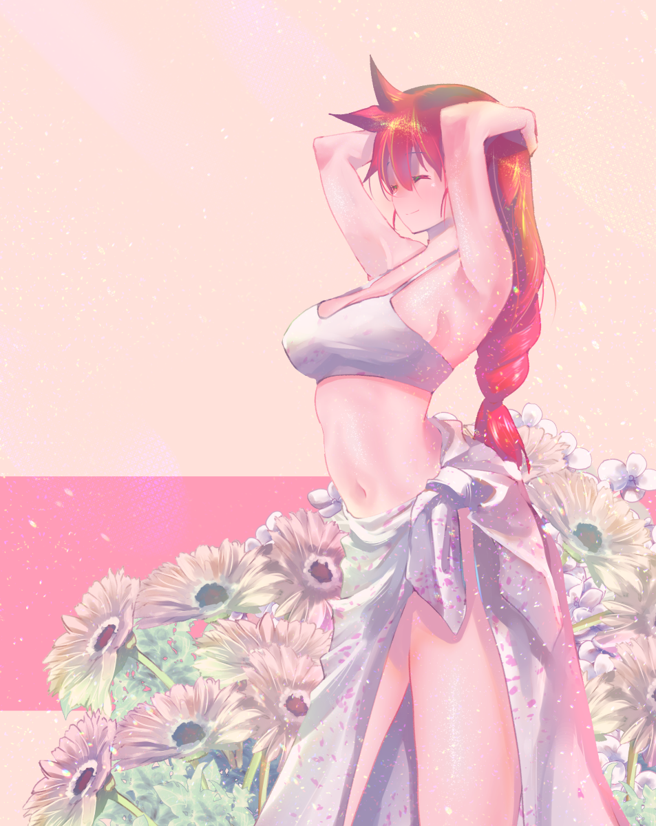 1girl armpits arms_up bikini bikini_top_only blush braid breasts closed_eyes closed_mouth commentary_request female_focus flower hair_between_eyes hand_on_own_head highres kemurikusa large_breasts long_hair navel pink_background ponytail red_hair ryou_(kemurikusa) sarong smile solo standing swimsuit usapenpen2019 white_bikini