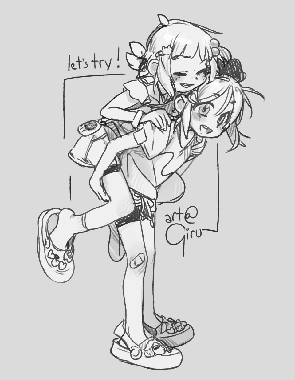 2024 2girls artist_name carrying crocs english_text girutan_(girutea) girutea greyscale highres indie_virtual_youtuber lily_hopkins monochrome multiple_girls original piggyback virtual_youtuber