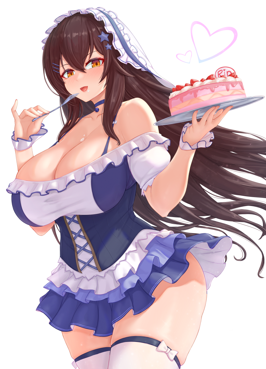 1girl :d blue_dress breasts brown_eyes brown_hair cake china_railway_girl cleavage collarbone commentary_request commission cream_cod dress food fork frilled_dress frills hair_between_eyes hair_ornament hairclip heart highres holding holding_fork holding_plate long_hair looking_at_viewer open_mouth personification plate saionji_rin_(crh380b) simple_background smile solo standing star_(symbol) star_hair_ornament thighhighs two-tone_dress very_long_hair white_background white_dress white_thighhighs