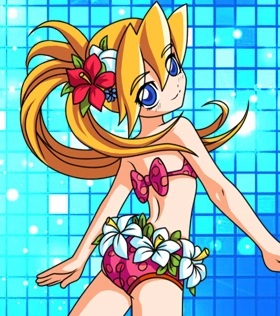 1girl ass bikini blonde_hair blue_eyes breasts capcom ciel_(mega_man) flower flower_on_head from_behind looking_at_viewer mega_man_(series) mega_man_zero_(series) official_art pink_bikini rockman_xover sideboob smile swimsuit