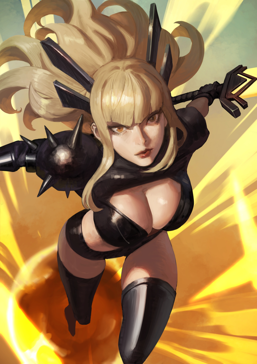 1girl black_footwear black_gloves black_shorts blonde_hair blunt_bangs boots breasts brown_eyes cleavage cleavage_cutout clothing_cutout dashing gloves highres holding holding_sword holding_weapon horns illyana_rasputina large_breasts long_hair looking_at_viewer magik_(x-men) marvel marvel_rivals multiple_horns phamoz short_shorts shorts spiked_pauldrons sword thigh_boots weapon x-men