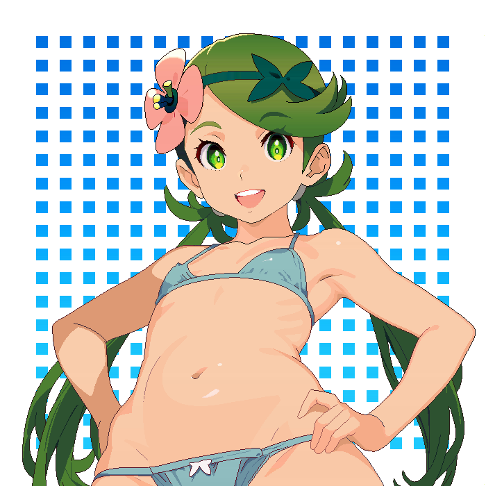 1girl :d alternate_costume bikini border commentary_request creatures_(company) eyelashes flat_chest flower game_freak green_eyes green_hair grey_bikini hair_flower hair_ornament hands_on_own_hips happy long_hair looking_at_viewer looking_down mallow_(pokemon) navel nintendo open_mouth pink_flower pokemon pokemon_sm samonegi smile solo swept_bangs swimsuit teeth upper_teeth_only white_border