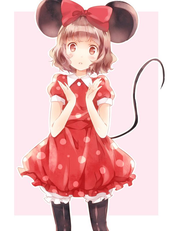 1girl animal_ears artist_request bow brown_hair commentary_request disney dress gloves hair_bow humanization long_hair looking_at_viewer minnie_mouse minnie_mouse_ears mouse_ears non-web_source open_mouth polka_dot solo source_request