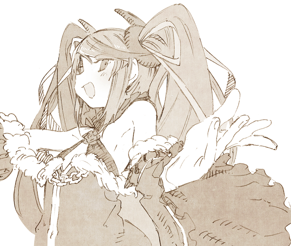 abara_heiki bare_shoulders chain dress flower fur_trim long_hair looking_at_viewer misaki_(princess_connect!) monochrome off-shoulder_dress off_shoulder open_mouth princess_connect! rose simple_background sketch smile twintails upper_body white_background