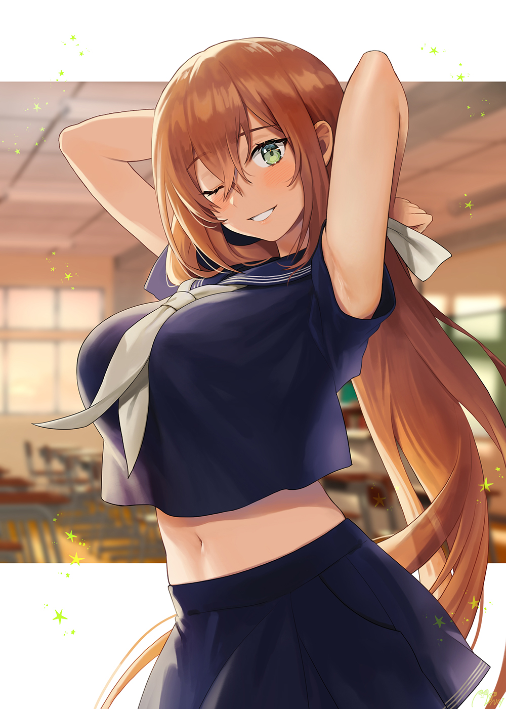 1girl armpits arms_behind_head arms_up blue_sailor_collar blue_shirt blue_skirt blurry blurry_background breasts brown_hair commentary_request cropped_shirt depth_of_field girls&#039;_frontline green_eyes hair_between_eyes hair_ribbon highres large_breasts long_hair midriff navel neckerchief noixen one_eye_closed outside_border ribbon sailor_collar school_uniform serafuku shirt short_sleeves skirt smile solo springfield_(girls&#039;_frontline) standing very_long_hair white_neckerchief white_ribbon