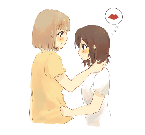 2girls black_eyes blush brown_hair closed_mouth clothes_grab foomi light_brown_hair long_hair lowres multiple_girls original puffy_short_sleeves puffy_sleeves shirt shirt_grab short_sleeves simple_background smile speech_bubble thought_bubble white_background white_shirt yellow_shirt yuri