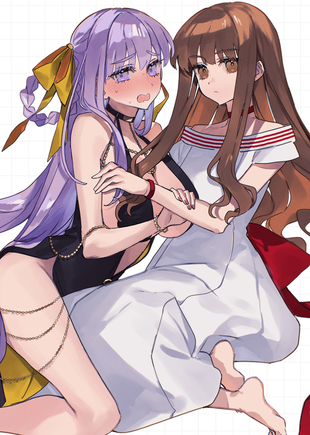 2girls bare_shoulders barefoot bb_(fate) bb_dubai_(fate) black_dress blush braid braided_hair_rings breasts brown_eyes brown_hair choker cocktail_dress commentary_request dress fate/extra fate/grand_order fate_(series) grid_background hair_rings highres holding_another&#039;s_arm kishinami_hakuno_(female) large_breasts long_hair looking_at_viewer multiple_girls nose_blush open_mouth purple_eyes purple_hair red_choker red_nails ribbon sidelocks simple_background sweat uxco0 white_background white_dress yellow_ribbon