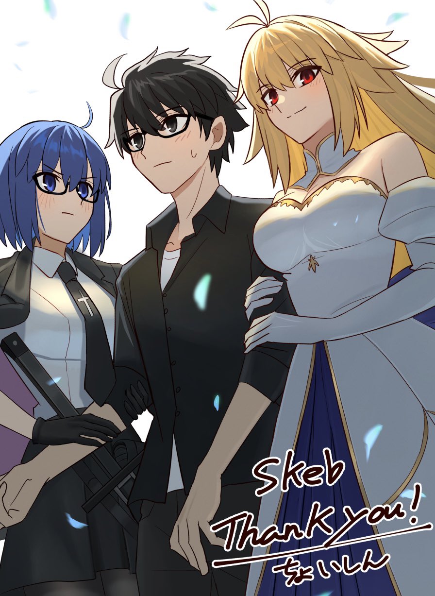 1boy 2girls ahoge archetype_earth arcueid_brunestud bare_shoulders black_eyes black_hair black_jacket black_shirt blonde_hair blue_eyes blue_hair breasts c.i.e.l_(fate) c.i.e.l_(second_ascension)_(fate) ciel_(tsukihime) detached_sleeves dress fate/grand_order fate_(series) glasses grabbing_another&#039;s_arm highres jacket large_breasts light_blush long_hair multiple_girls necktie open_clothes open_jacket red_eyes shintyoi2 shirt short_hair signature sweatdrop sword tohno_shiki tsukihime weapon white_dress white_shirt