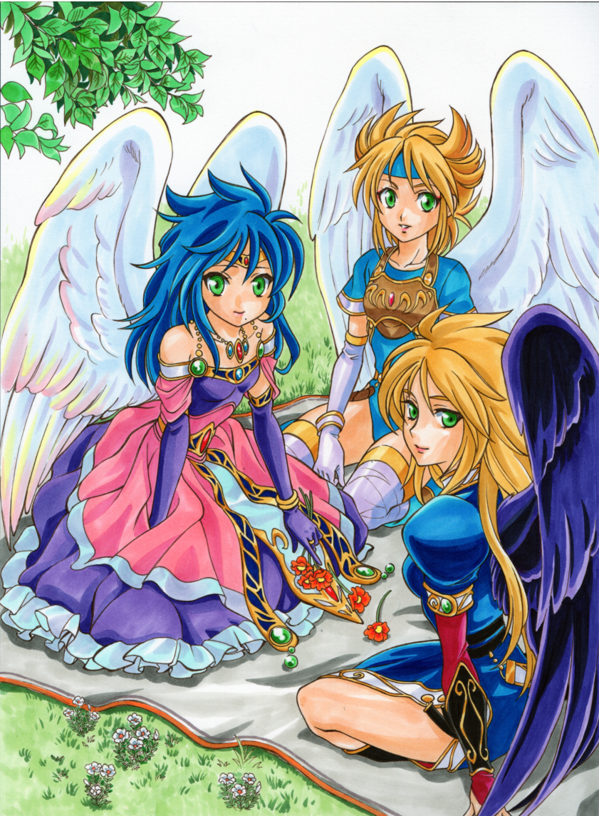 3girls aged_up alternate_costume angel_wings armor bad_id bad_pixiv_id black_wings blonde_hair blue_eyes blue_hair boots breasts breath_of_fire breath_of_fire_i breath_of_fire_ii capcom dress elbow_gloves flower gloves grass green_eyes hairband jewelry large_wings leaf leotard medium_breasts mina_wyndia mochizuki_kazuto multiple_girls necklace nina_(breath_of_fire_i) nina_(breath_of_fire_ii) short_hair small_breasts thighhighs tiara white_wings wings