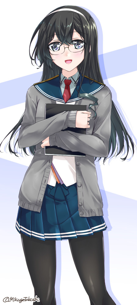 1girl black_hair black_pantyhose blue_eyes blue_sailor_collar blue_shirt blue_skirt blush cardigan collared_shirt commentary_request glasses grey_cardigan hairband holding kantai_collection long_hair long_sleeves looking_at_viewer mikage_takashi necktie notebook ooyodo_(kancolle) open_mouth pantyhose pleated_skirt red_necktie sailor_collar school_uniform semi-rimless_eyewear serafuku shirt skirt smile solo twitter_username white_hairband white_shirt