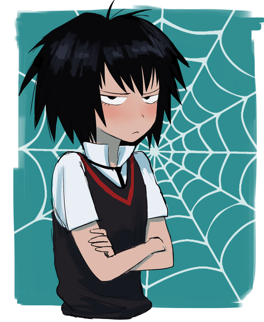 1girl :&lt; angry annoyed antenna_hair aqua_background black_eyes black_hair black_necktie black_sweater_vest blush border closed_mouth collared_shirt commentary cropped_torso crossed_arms dress_shirt eyelashes from_side frown haburashi jitome looking_at_viewer looking_to_the_side marvel narrowed_eyes necktie outside_border peni_parker popped_collar red_trim shirt short_hair short_sleeves silk sketch solo spider-man:_into_the_spider-verse spider-man_(series) spider-verse spider_web standing sweater_vest upper_body white_border white_shirt