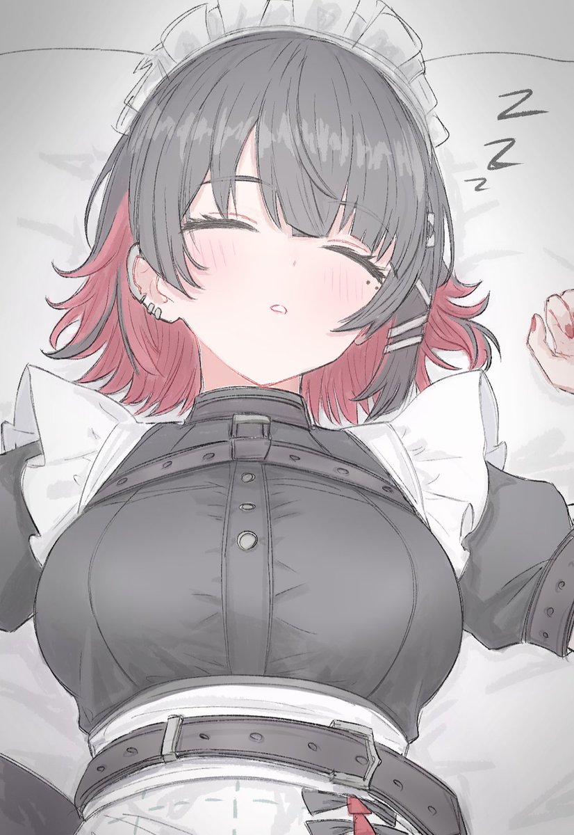 1girl 8-sun belt black_hair blunt_bangs breasts chest_harness closed_eyes colored_inner_hair ear_piercing ellen_joe frills harness highres large_breasts light_blush lying maid_headdress medium_hair mole mole_under_eye multicolored_hair on_back on_bed open_mouth piercing pink_hair sleeping two-tone_hair zenless_zone_zero zzz