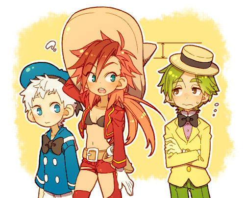 1girl 2boys ? black_bow black_bowtie black_bra blue_eyes blue_hat blush bow bowtie bra brown_eyes brown_hat closed_mouth crossed_arms donald_duck genderswap genderswap_(mtf) gloves green_hair green_pants hat height_difference humanization jacket jose_carioca kiri_futoshi long_sleeves lowres mexican_clothes multiple_boys navel open_mouth panchito_pistoles pants purple_shirt red_hair sailor_collar shirt short_hair sombrero the_three_caballeros underwear wavy_mouth white_gloves yellow_jacket