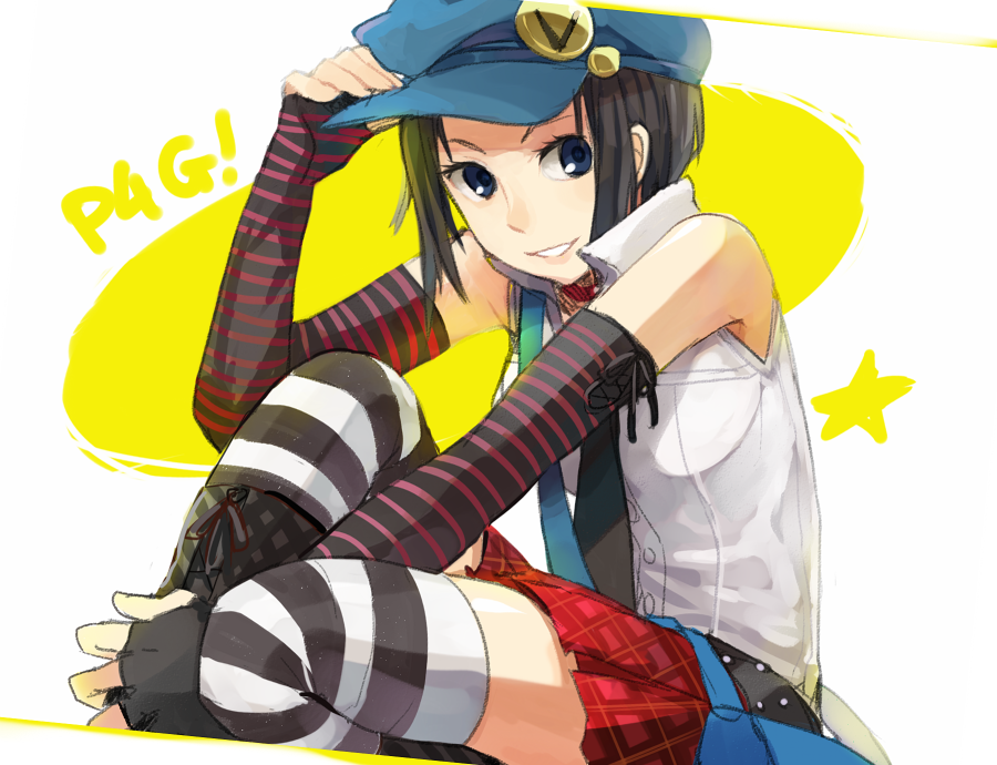 1girl atlus bad_id bad_pixiv_id bag bare_shoulders black_hair blue_eyes elbow_gloves female_focus fingerless_gloves gloves hat hat_tip marie_(persona_4) messenger_bag persona persona_4 persona_4_the_golden plaid_clothes plaid_skirt reka short_hair shoulder_bag sitting skirt smile solo star_(symbol) striped_clothes striped_gloves striped_thighhighs thighhighs zettai_ryouiki