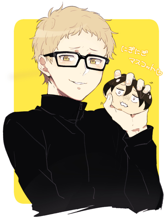 1boy black_jacket blonde_hair brown_eyes character_doll glasses haikyuu!! holding jacket long_sleeves looking_at_viewer male_focus parted_lips short_hair solo tsukishima_kei upper_body wai yamaguchi_tadashi