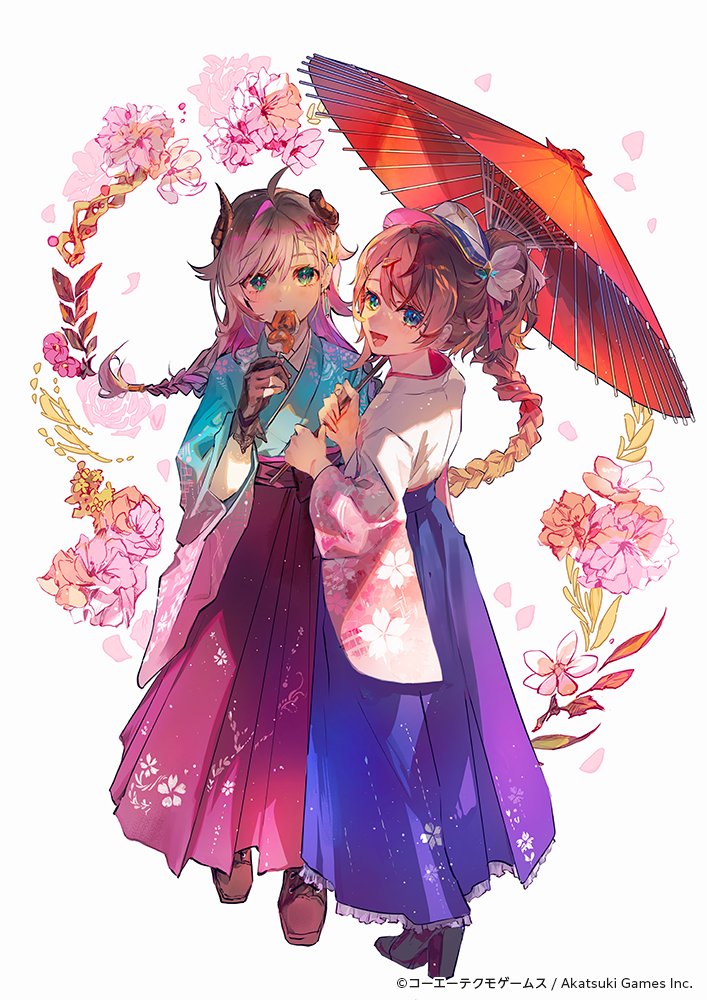 2girls :d atelier_(series) atelier_resleriana black_footwear blue_eyes blue_hakama blue_kimono braid brown_footwear brown_hair commentary_request copyright_notice dango demon_horns eating floral_background floral_print flower food full_body green_eyes hair_between_eyes hakama hakama_skirt holding holding_food holding_umbrella horns japanese_clothes karanagare kimono long_hair long_sleeves looking_at_viewer multicolored_hair multiple_girls official_alternate_costume official_art oil-paper_umbrella open_mouth pink_flower purple_hair red_umbrella resna_sternenlicht second-party_source shoes skirt smile standing two-tone_hair umbrella valeria_(atelier) wagashi wide_sleeves