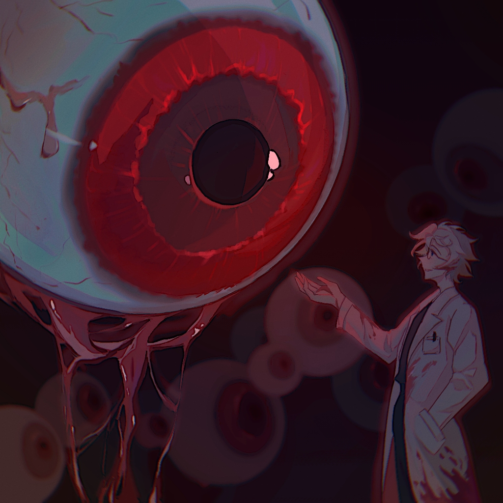 1boy black_pants black_shirt blood blood_on_clothes blue_eyes commentary cowboy_shot eyeball from_side glasses hand_in_pocket hand_up kanou_aogu lab_coat lapels long_sleeves male_focus notched_lapels open_mouth pants pen_in_pocket pocket red_theme saibou_shinkyoku shirt short_hair smile solo tianchuanju white_hair